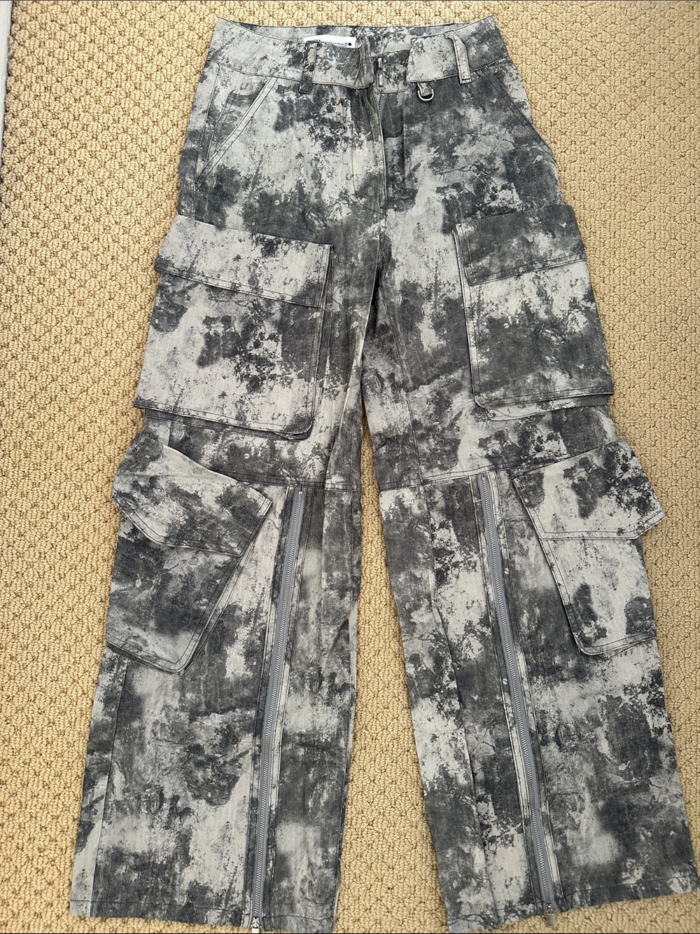 Zara Wide Leg Cargo Jumpsuit Pants in Black and Gray Tie-Dye